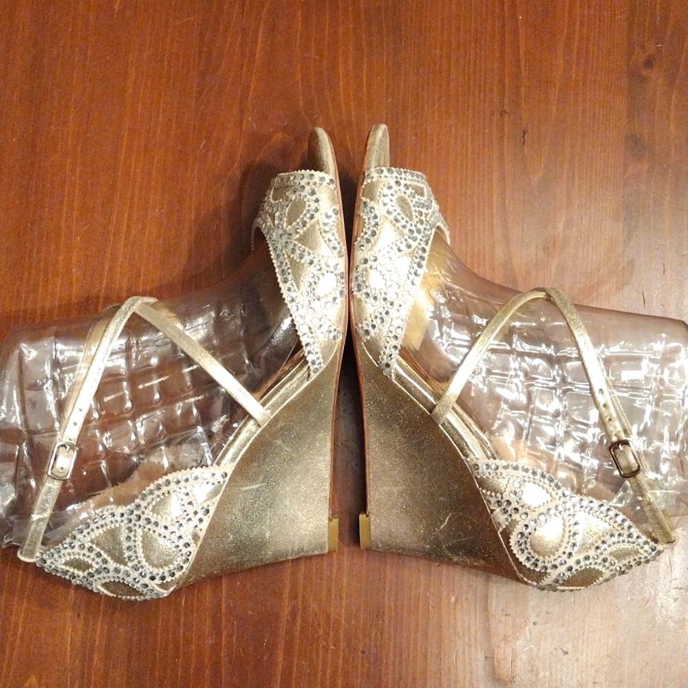 Badgley Mischka Gold Wedges with Rhinestones - Picture 7 of 13